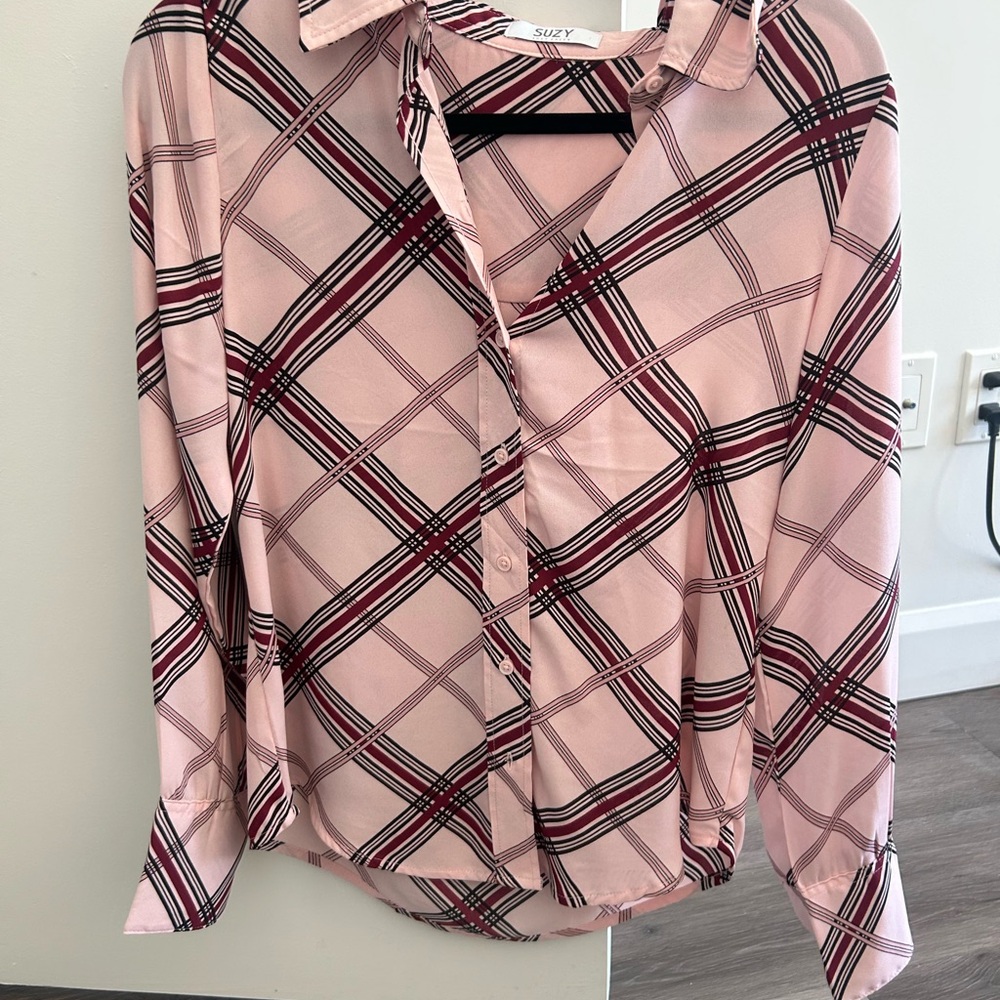 Suzy Shier Stylish Pink Plaid Chiffon Blouse